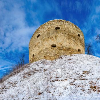 Terebovlia, Ukraine 01.06.2020. The ruins of the old Terebovlia castle, Ternopil region of Ukraine, on a sunny winter day
