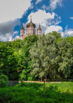 Kyiv, Ukraine 07.09.2020.  Feofaniia Park and the Cathedral of St. Panteleimon in Kyiv, Ukraine, on a sunny summer day