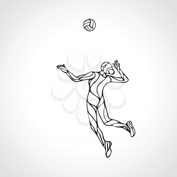 Volleyball player serving the ball - black and white vector outline silhouette. Modern simple volleyball logo. Eps 8
