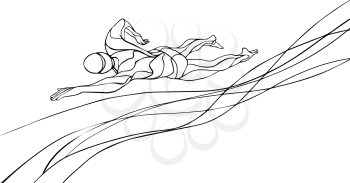 Freestyle Swimmer Line Art Silhouette. Sport swimming, front crawl. Vector Professional Swimming Athlete Illustration