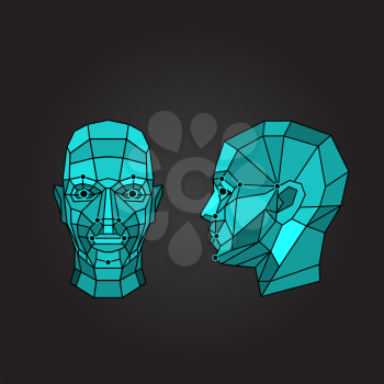 Face recognition - biometric security system. Face scanning, front view, side view of human head. Vector illustration