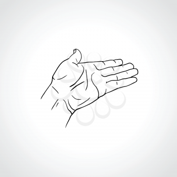 Open empty line art drawing hand Isolated on white background. Close up of human hand. Male hand with empty place for holding something. Open palm hand gesture of male hand. Outline drawing