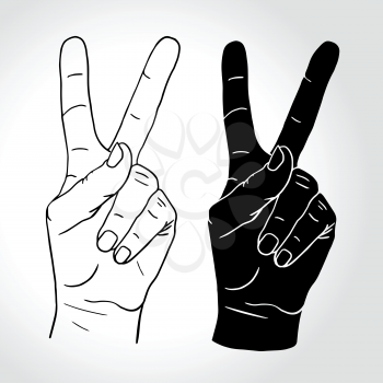 Vector illustration: Hand with two fingers up in the peace or victory symbol. Also the sign for the letter V in sign language. Isolated on white.