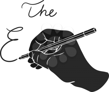 Silhouette of a hand, writing with a pencil. THE END. Vector illustration