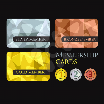 Gold, silver, bronze, VIP premium member cards and medals in polygonal style. Gift, voucher or certificate, vector illustration