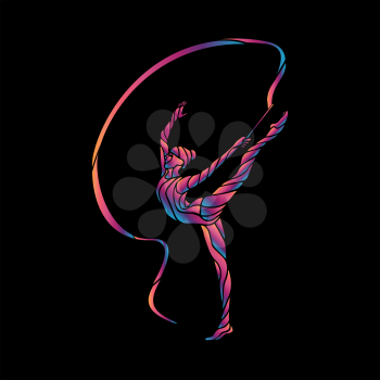 Creative silhouette of gymnastic girl. Art gymnastics with ribbon, vector illustration or banner template in trendy abstract colorful neon waves style on black background