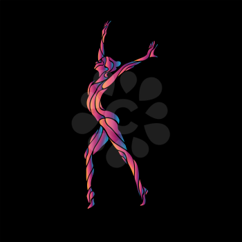 Creative silhouette of gymnastic girl. Art gymnastics pose, vector illustration or banner template in trendy abstract colorful neon waves style on black background