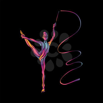 Creative silhouette of gymnastic girl. Art gymnastics with ribbon, illustration or banner template in trendy abstract colorful neon waves style on black background