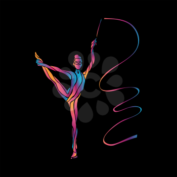Creative silhouette of gymnastic girl. Art gymnastics with ribbon, illustration or banner template in trendy abstract colorful neon waves style on black background