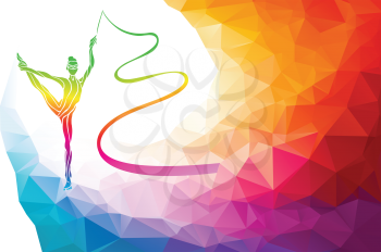 Creative silhouette of gymnastic girl. Art gymnastics with ribbon, colorful vector illustration with background or banner template in trendy abstract colorful polygon style and rainbow back