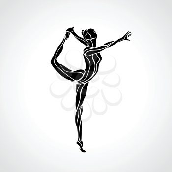 Creative silhouette of gymnastic girl. Art rhythmic gymnastics, black and white vector illustration