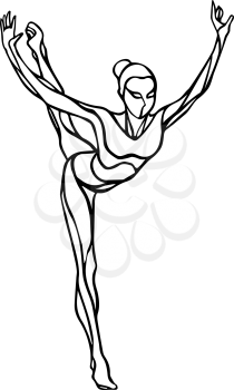 Creative silhouette of gymnastic girl. Art rhythmic gymnastics, black and white vector illustration