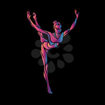 Creative silhouette of gymnastic girl. Art gymnastics pose, illustration or banner template in trendy abstract colorful neon waves style on black background