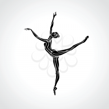 Creative silhouette of gymnastic or ballet girl. Art rhythmic gymnastics, black and white vector illustration