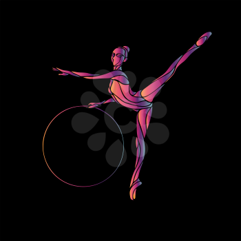 Rhythmic Gymnastics with Hoop black Color Silhouette on black background illustration. Vector illustration eps 8