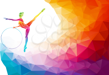 Creative silhouette of gymnastic girl with hoop. Art gymnastics with hoop, colorful vector illustration with background or banner template in trendy abstract colorful polygon style and rainbow back