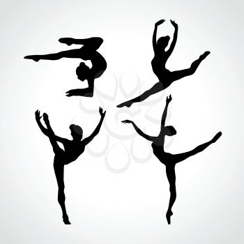 Collection 4 Creative silhouettes of gymnastic girls. Art gymnastics set, black and white vector illustration