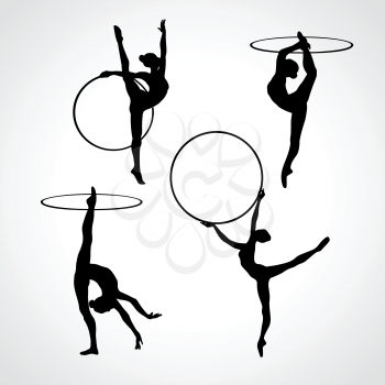 Collection 4 Creative silhouettes of gymnastic girls with hoop. Art gymnastics set, black and white vector illustration