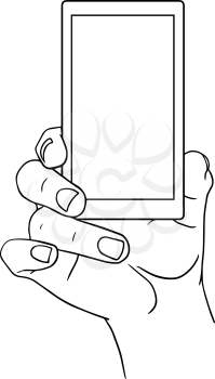 Hand Holding Mobile, arm with cell, line art drawing hand with mobile phone, front view. Vector illustration