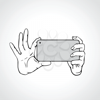 Taking Selfie Photo on Smart Phone concept. Close up hands with smartphone. Outline vector illustration