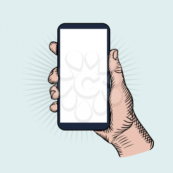 Hand holding smartphone. Phone touch gestures. Vintage sketch style. Vector color illustration.