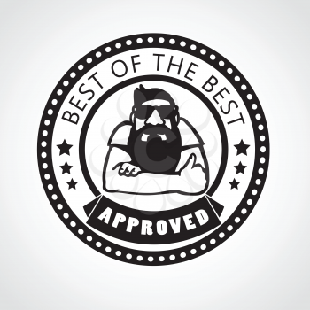 Vector approved stamp, best of the best label with beard man approving with thumb up, black and white sticker