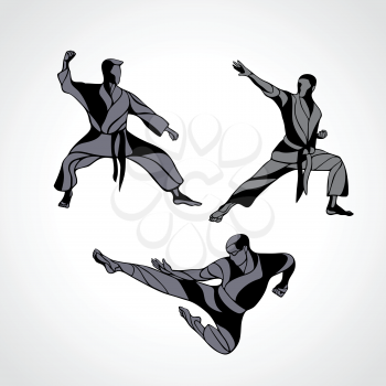 Men in a karate pose. Martial arts silhouette set. Detailed vector illustration of a martial arts masters