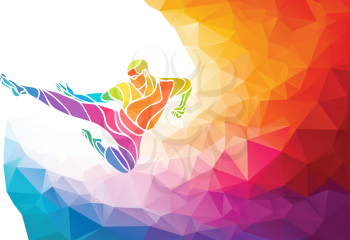 KARATE power kick. Martial arts silhouette. Detailed color rainbow vector illustration in polygonal geometric style
