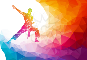 KARATE power kick. Martial arts silhouette. Detailed color rainbow vector illustration in polygonal geometric style