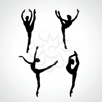 Creative silhouettes of 4 gymnastic girl. Art gymnastics or ballet dancing women, black and white vector illustration