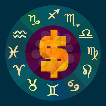 Zodiac Business Horoscope. Astrology of Commerce Horoscope wheel with european zodiac signs and symbols in trendy polygonal style. Annual Commercial Forecast