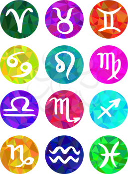 Hand drawn vector illustration -- zodiac signs in polygonal style. Calligraphic horoscope symbols
