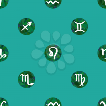 Seamless pattern with zodiac signs. Green vector seamless texture background with zodiac symbols