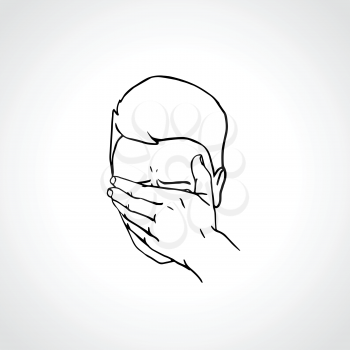 Hand drawn portrait of a Face Palmed Guy. Man covered his face with his hand. Vector Illustration