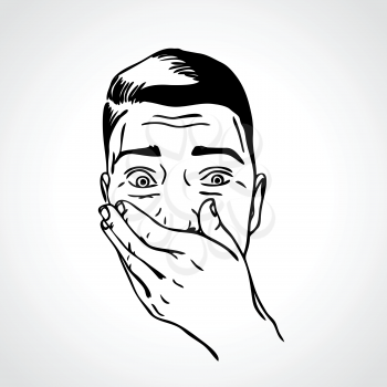Portrait of surprised or amazed man. Mouth covered with hand. Vector illustration