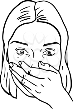 Portrait of surprised or amazed woman. Mouth covered with hand. Vector illustration