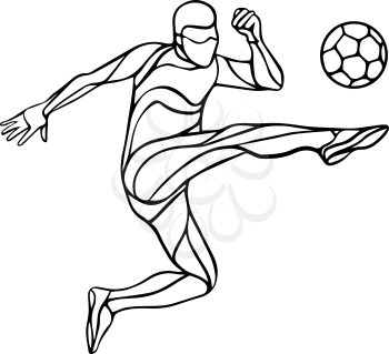 Soccer or football player kicks the ball. Abstract line art vector silhouette. Illustration on white background.