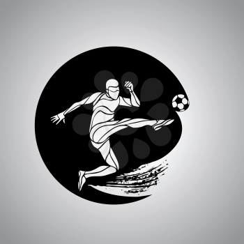 Football or Soccer player kicks the ball. The colorful vector logo sticker on black background.