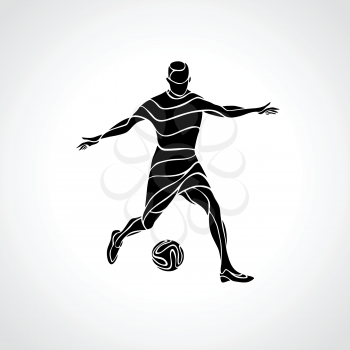 Soccer or football player kicks the ball. Abstract line art vector silhouette. Illustration on white background.