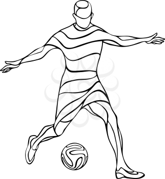 Football or soccer player black and white silhouette with ball isolated. Vector illustration