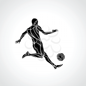 Soccer or football player kicks the ball. Abstract vector silhouette. Illustration on white background.