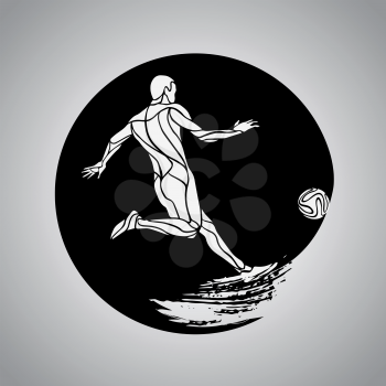 Football or Soccer player kicks the ball. Black and white vector logo sticker on white background.