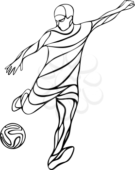 Soccer or football player kicks the ball. Abstract line drawing vector silhouette. Illustration on white background.