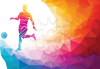 Creative soccer player. Football player kicks the ball, colorful vector illustration with background or banner template in trendy abstract pectrum polygon style and rainbow back