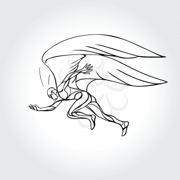 Start running. Man with wings outline vector illustration. Recovery concept