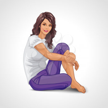 Cartoon smiling brunette girl sitting frontal on the floor and looking at you