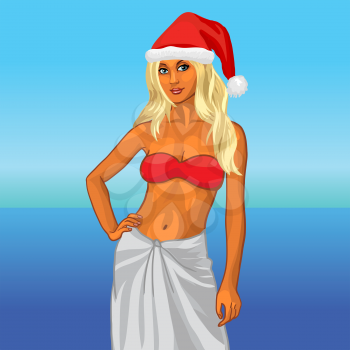 Blonde girl in a red bikini and a santa hat on the beach. Vector illustration. Santa helper. Greeting NY card from the ocean