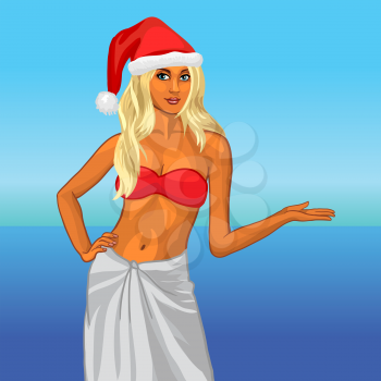 Happy smiling cute woman in santa helper hat with open empty hand palm for copy space. Pretty blonde girl in a red bikini on a beach. Christmas xmas season. Greeting NY card from the ocean