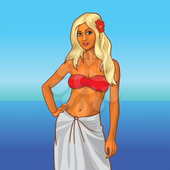 Hot Bikini girl on the beach. Tanned sexy blonde woman. Vector illustration