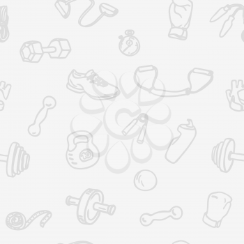 Fitness and gym hand drawn seamless pattern. Light sports seamless vector background with kettlebell, dumbbell, stopwatch, boxing gloves, measuring tape and other Fitness Equipment